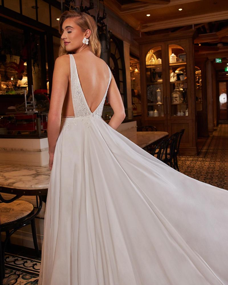La22240 backless chiffon and lace wedding dress with plunging neckline and slit4